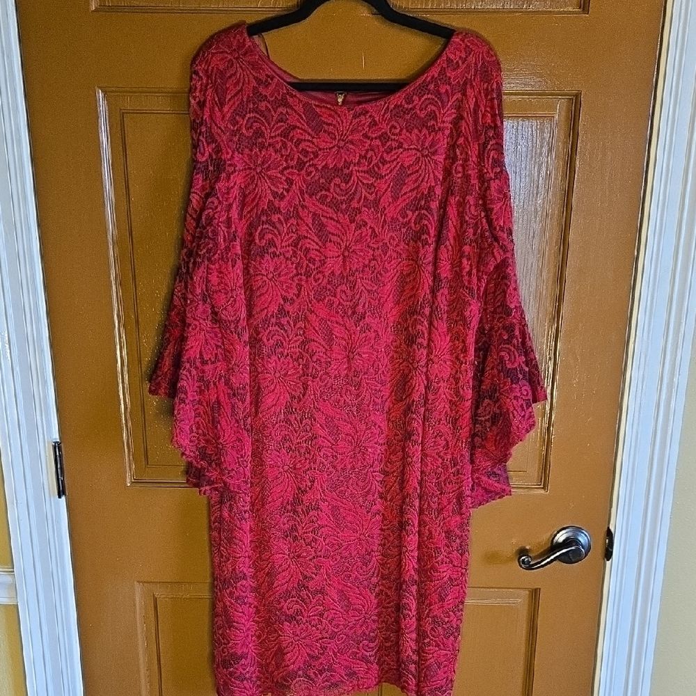 Liz Claiborne-Red lace sheath dress with long bell sleeves Sz 20W.